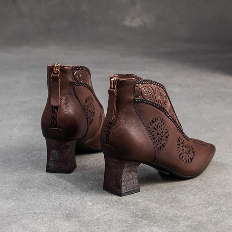 Johnature Sandals Genuine Leather Breathable Hollow-out Boots Retro Pointed High Heel Commuter Women's Shoes