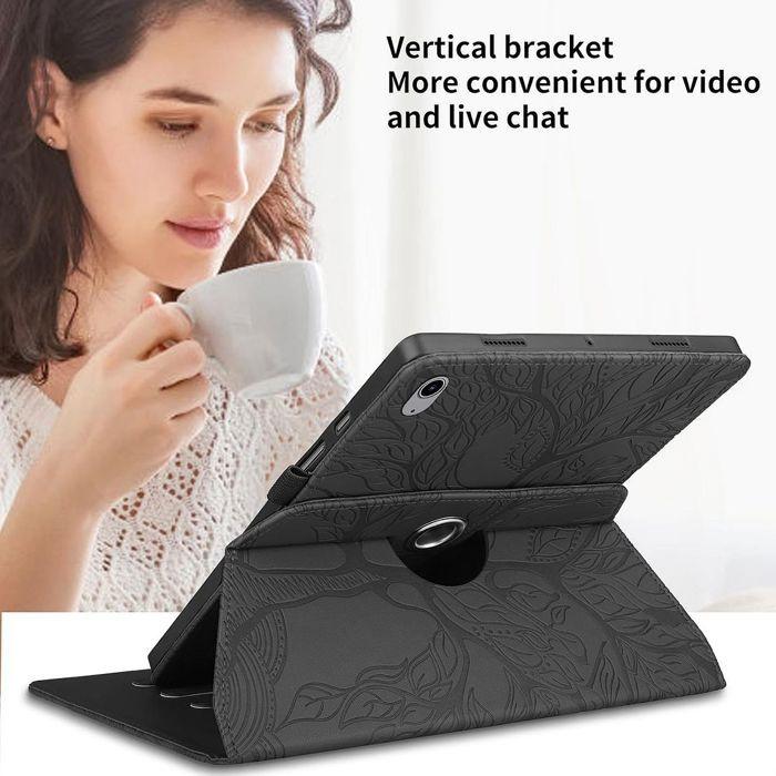 Coque + Verre Trempé pour iPad A16 (11") / iPad 10 2022 (10,9") Rotatif Motif Arbre Effet Cuir Noir