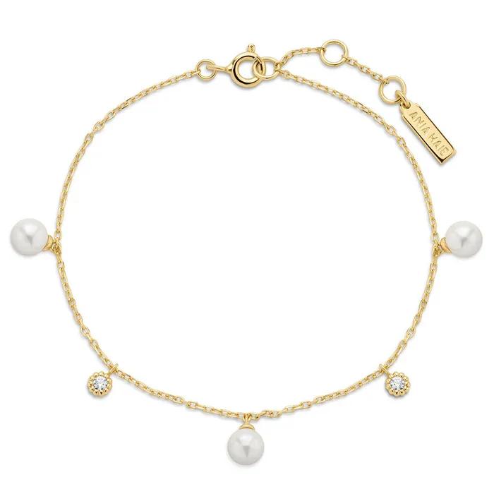 Gold Shell Pearl and Sparkle Drop Station 925 Silver Bracelet B071-04G.