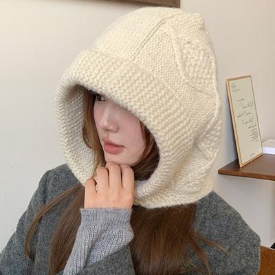 Korean Winter New Version of Balaclava Hat for Women's Warm Thick Crumpled Horn Buckle Ear Protection Head Hat
