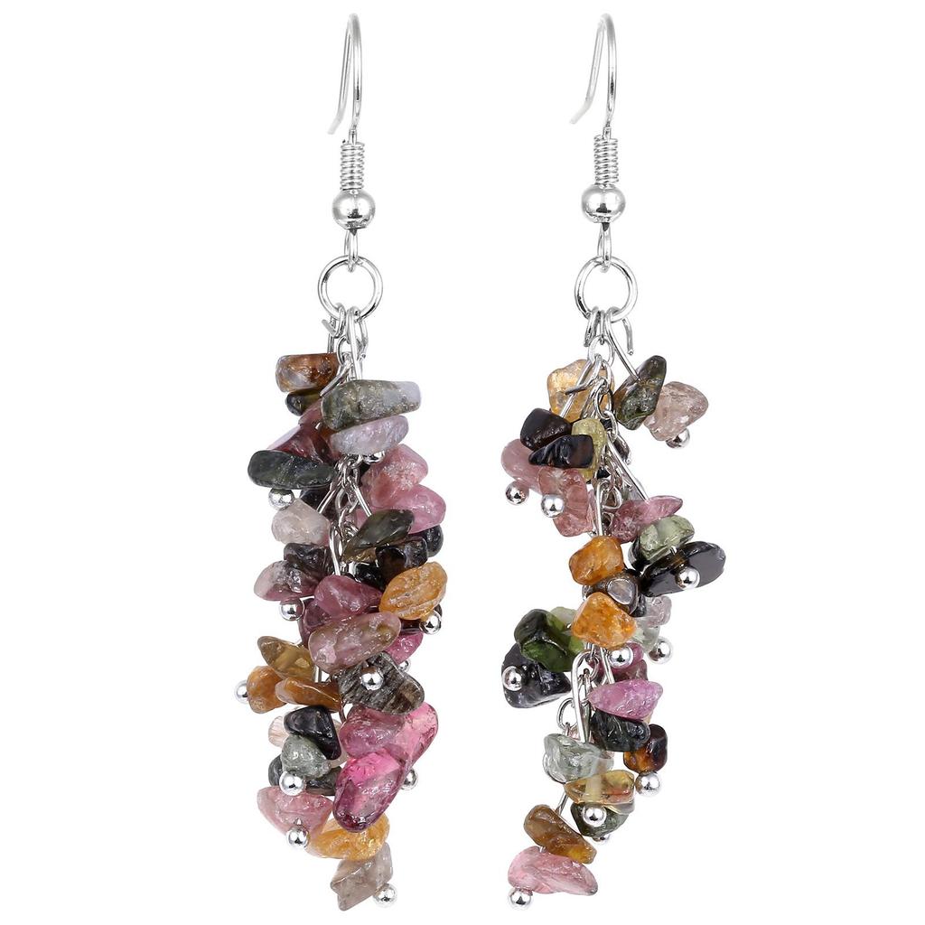 Natural Crystal Tassel Earrings with Irregular Gravel and Silver Hooks