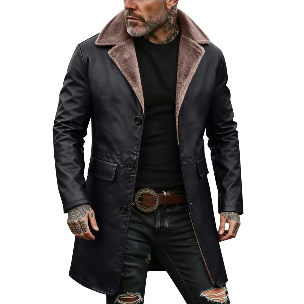 Men's Solid Color Button Pocket Work Wear Plus Velvet Leather Jacket Men's Casual Long Coat