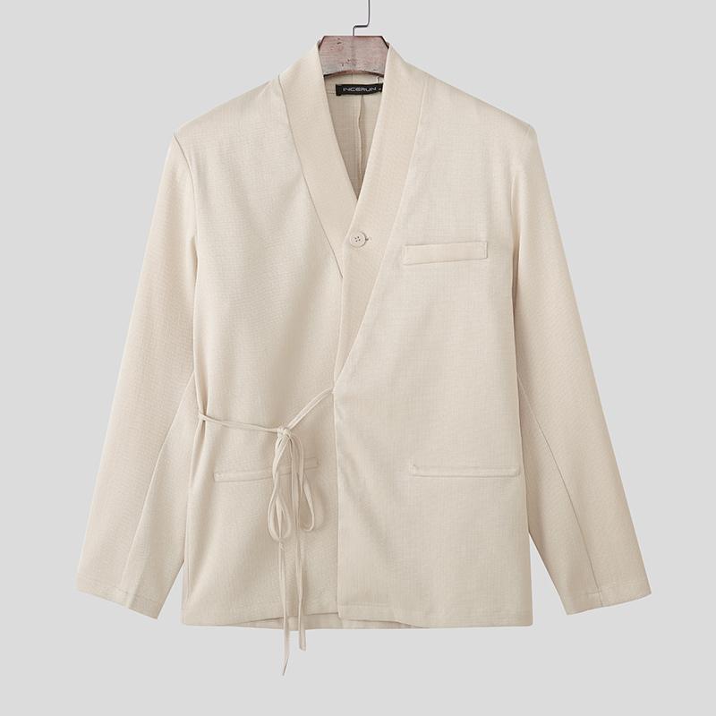 INCERUN Oversized Men Lapel Neck Long Sleeve Side Lace-up Casual Loose Thin Blazer Coats