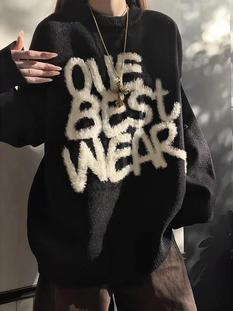 Men's Black Jacquard Mink Velvet Knit Sweater - American Retro, Heavyweight, Soft, High Elastic, Autumn/Winter Style.