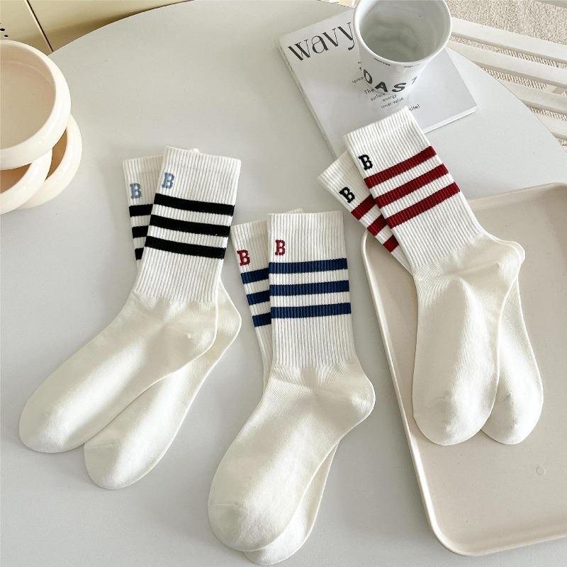 Striped Socks, Women's Mid-calf High-top Socks, Versatile, Simple, Sporty, School Style, Spring and Autumn Cotton Socks