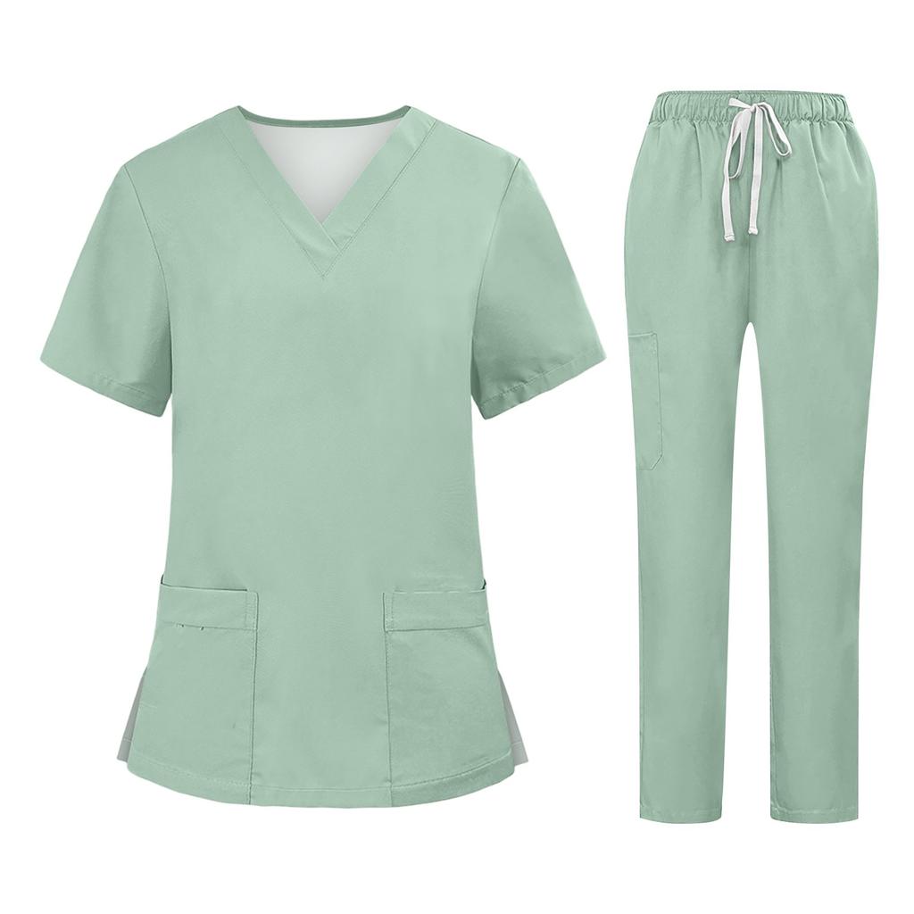 Soild Scrub Arbeitsuniform Anzug für Damen Kreuz V-Ausschnitt Kurzarm Fun T-Shirts Arbeitskleidung T-Shirt mit Taschen