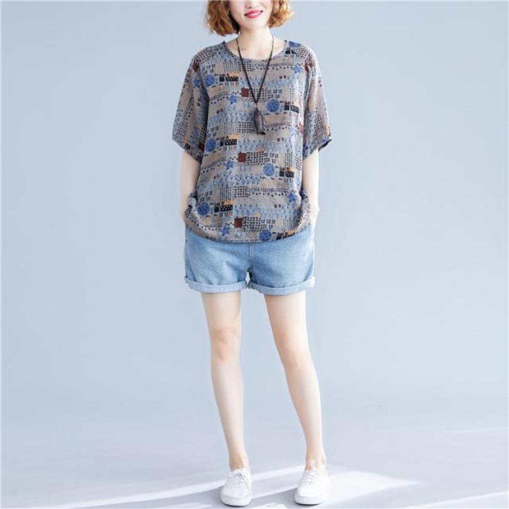 Women Fashionable Loose Literary Summer Clothing Cotton Linen Round Neck Short-sleeved T-shirt Top New Style