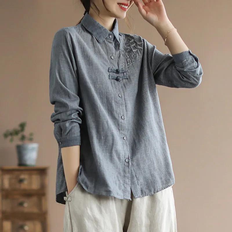 Camicia Retrò Letteraria e Artistica in Cotone e Lino da Donna Primavera Autunno Ricamo Stile Etnico Top da Donna con Bottoni a Disco in Stile Cinese