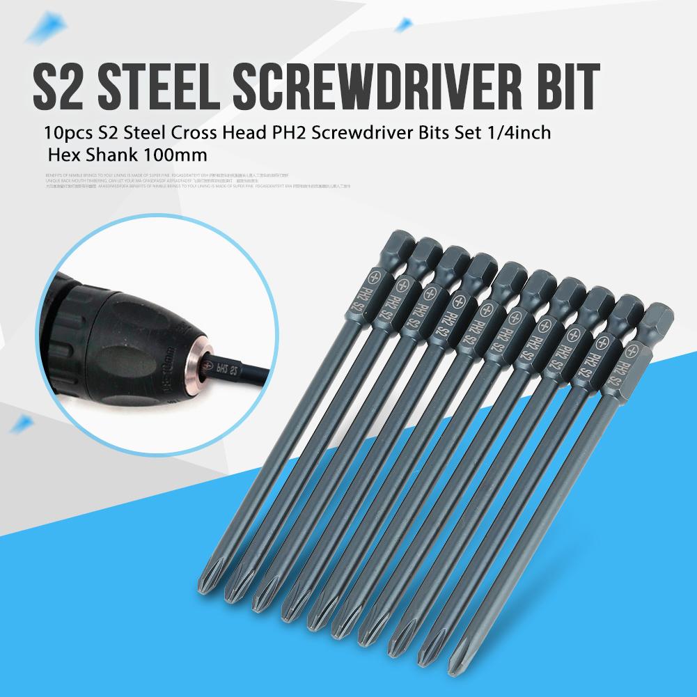 10pcs S2 Steel Cross Head PH2 Screwdriver Bits Set 14inch Hex Shank 100mm