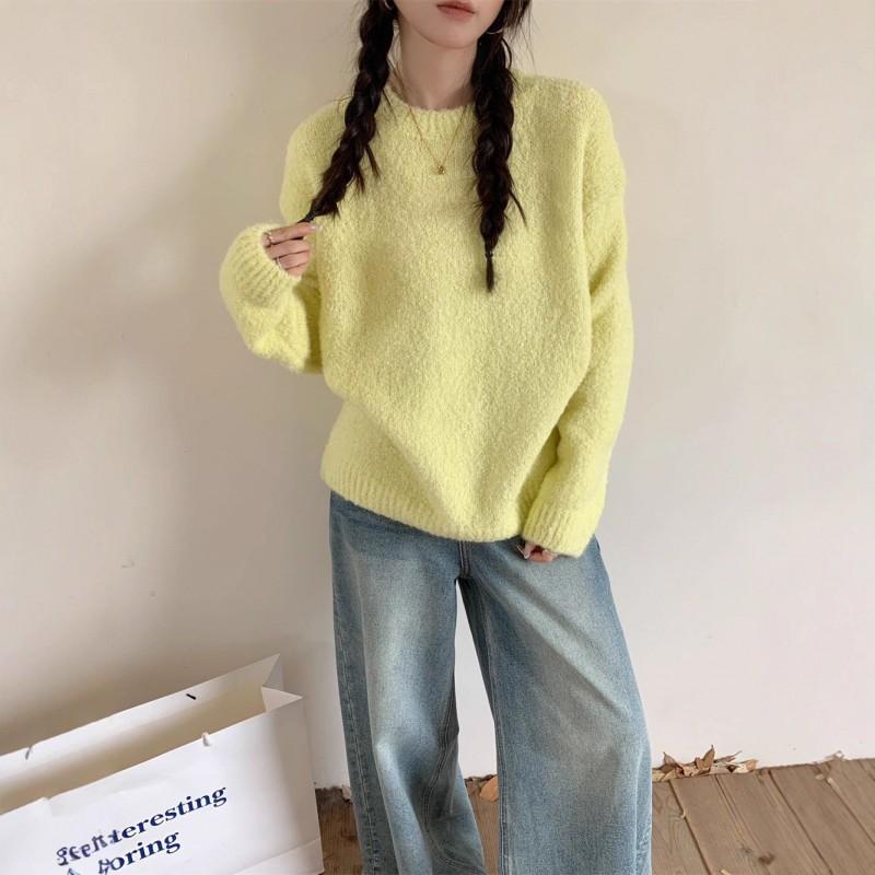 Soft Fuzzy Loop Yarn Knit Sweater Women Loose Fit Round Neck Long Sleeve Winter Warm Cozy Pullover