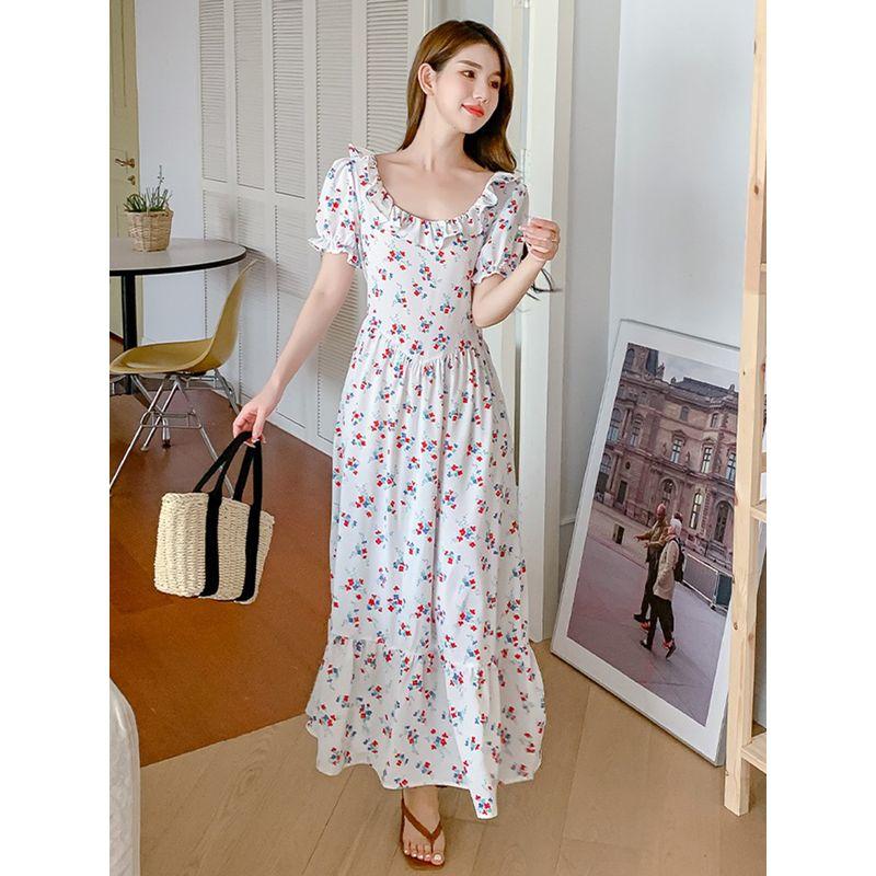 

Summer New Arrival Plus Size Women s Clothing Floral Flounce U-Collar Short Sleeve Long Skirt High Waist Silm Backless Dress Flower color 4XL