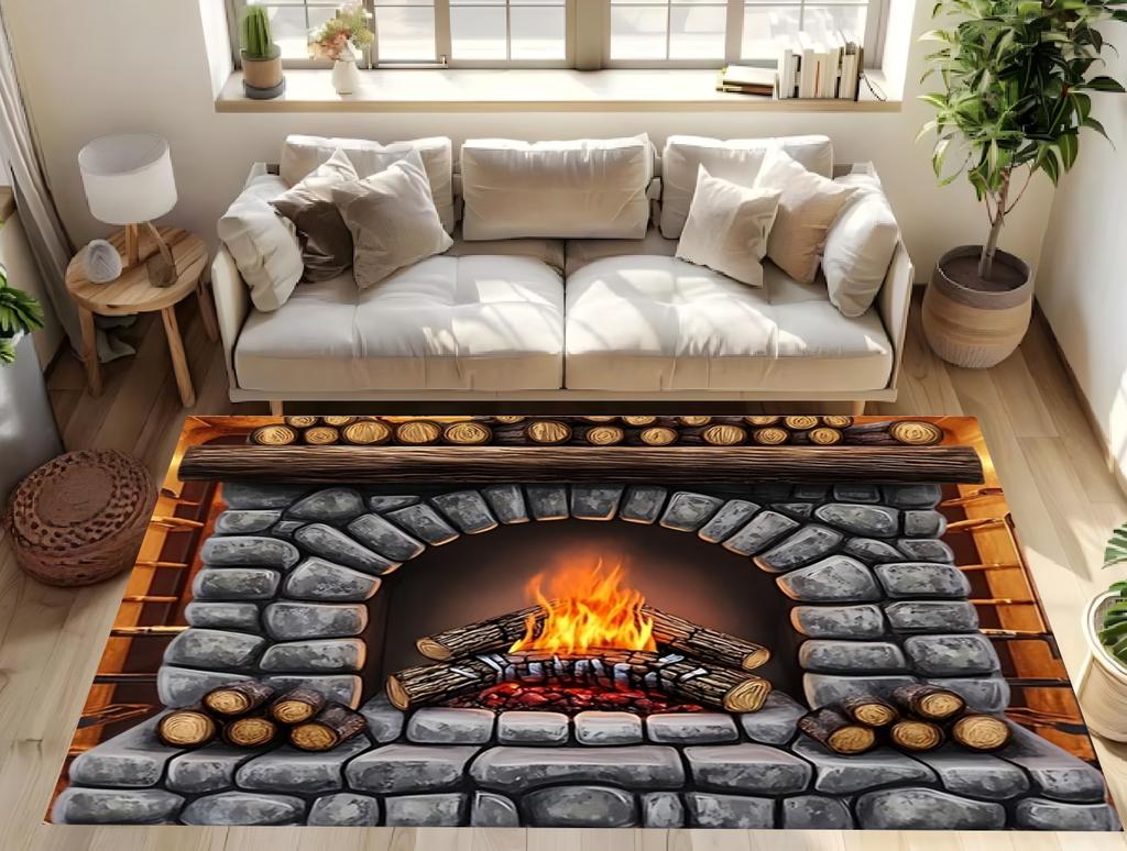Carpet Mat Non-Slip 3D Stone Flame Illusion Area Rug Non-Slip Backing for Living Room Bathroom Camping Floor Mat Home Decor Mat