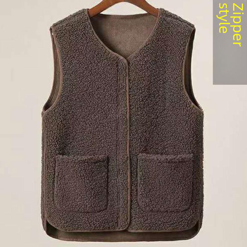 Chaleco de lana de cordero con cremallera para mujer, otoño/invierno, con pelo grueso