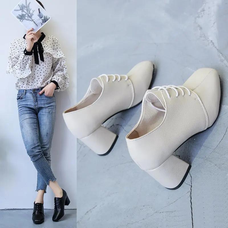 Fashion Leather Soft Leather High Heels Women's Single Shoes British Style Retro Deep Cut Square Toe Lace Up  2024