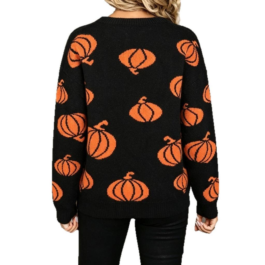 Women's Halloween Pumpkin Long Sleeve Pullover Sweater for Fall