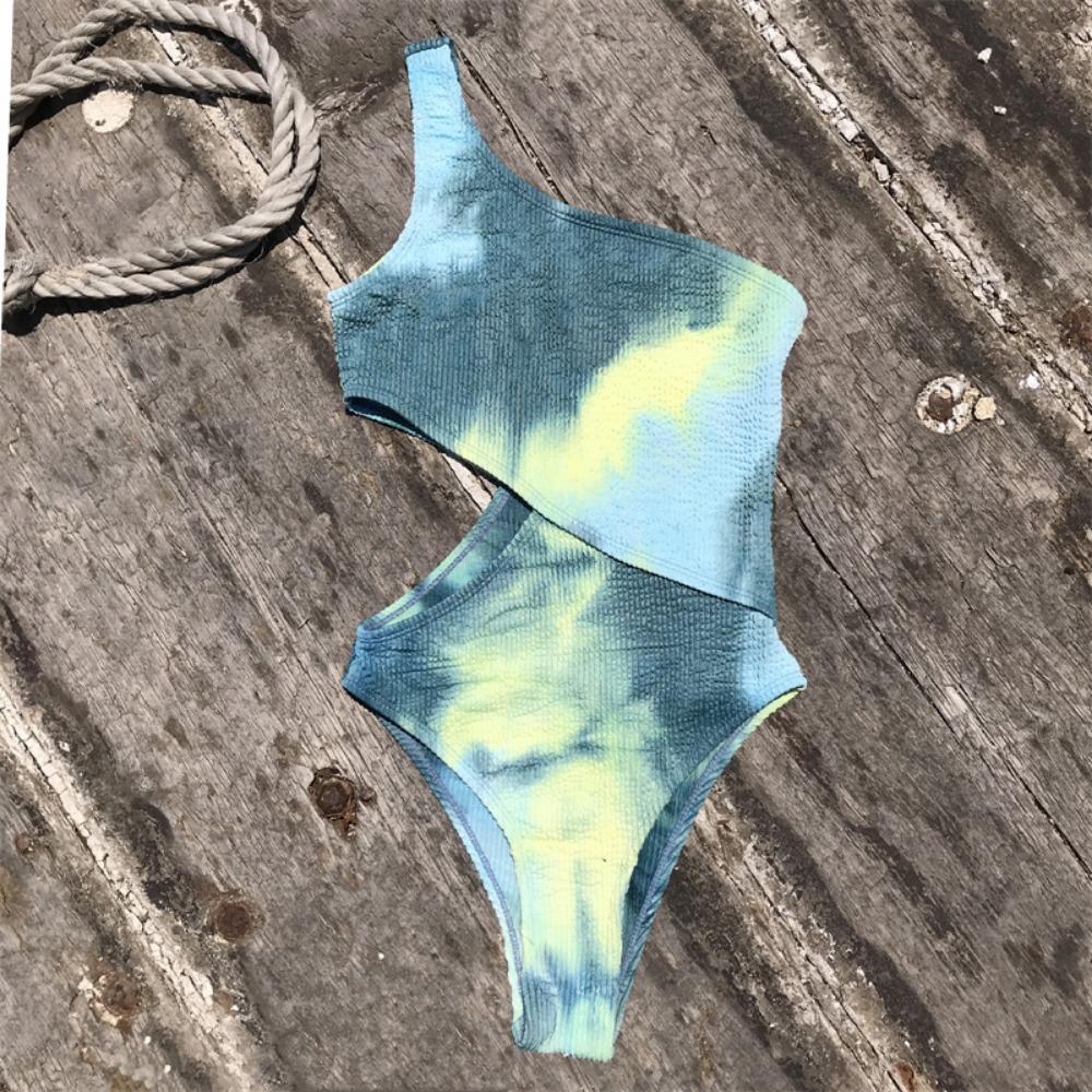 One-piece Triangular Swimwear Women's Wrinkled Cloth Fashionable One-shoulder Solid Color Waist Swimsuit
