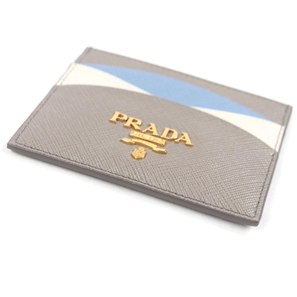 Excellent PRADA Card Case Metal Logo Pass Case/business Card Holder Beige Safiano Leather Used