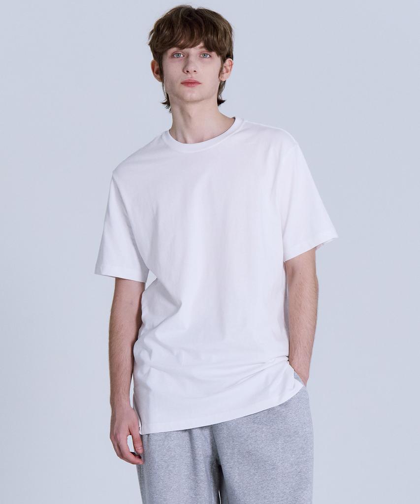 BASIC HOUSE Uni Layered Round Neck Short Sleeve Tee Long Length (+7Cm) White Lats0106