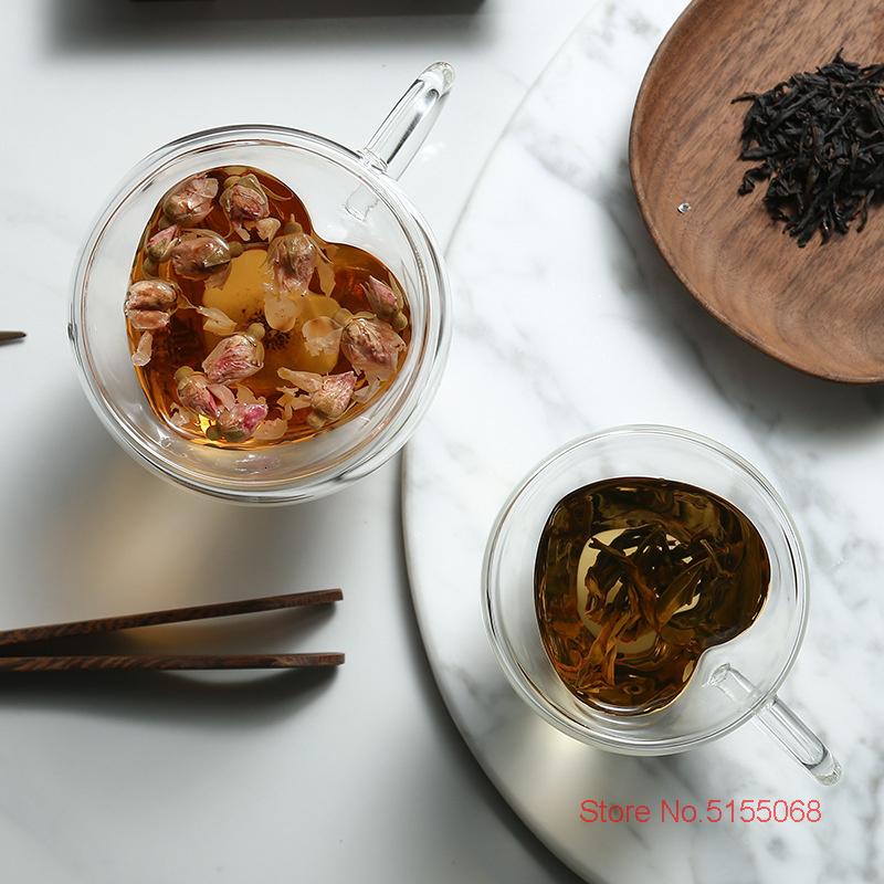 2 Pcs Double Wall Glass Mug With Handle Creative Heart Shape Coffee Cup Cute Milk Water Tea Heart Cup Clear Heart Mug Wholesale