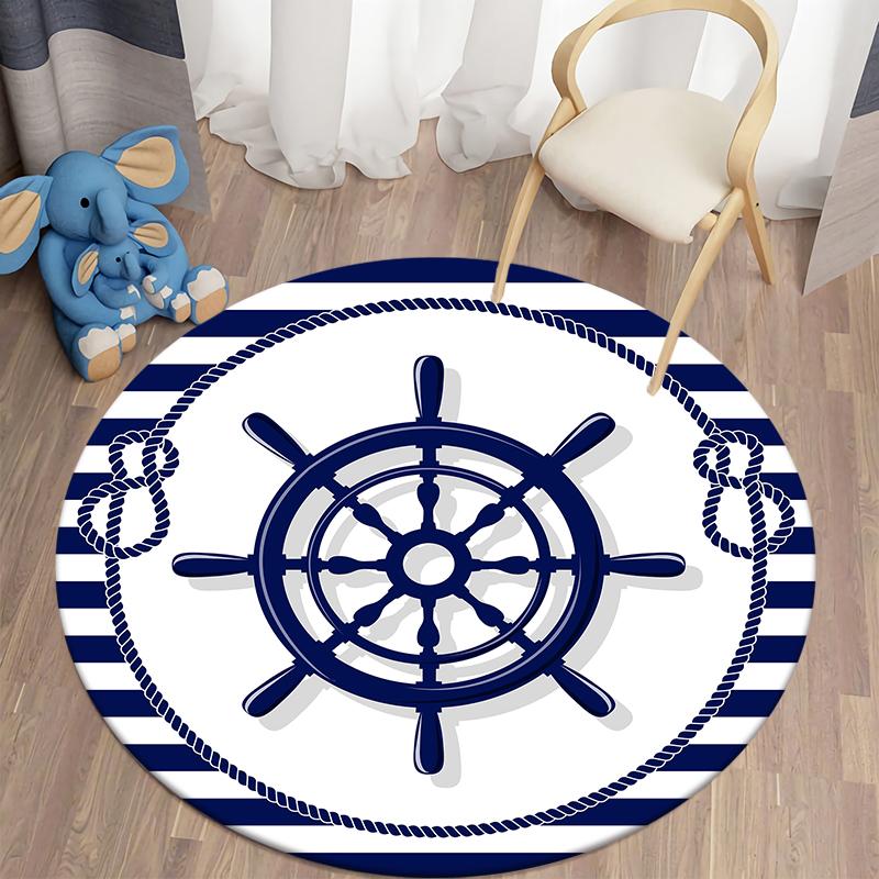 Sailing Blue Line Pattern Circular Carpet Home Living Room Bedroom Children's Room Floor Decoration Flange Carpet