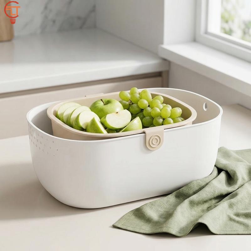 Kitchen Drain Basket Double Layer Fruit and Snack Tray Organizer Multipurpose Food Storage Box with Water Filtering Function