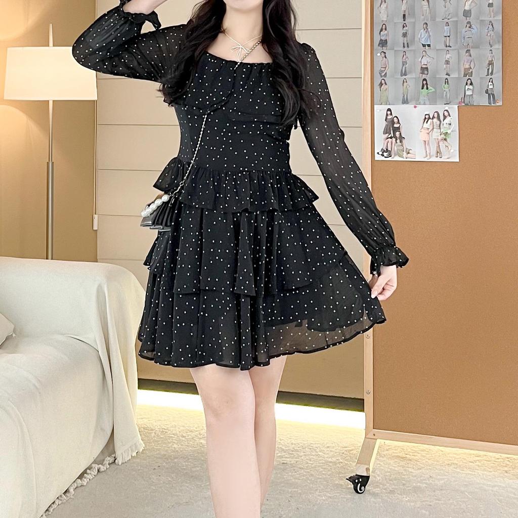 Tupfen Chiffon Zweiteiler: Langarmshirt & Kuchenrock für Übergrößen