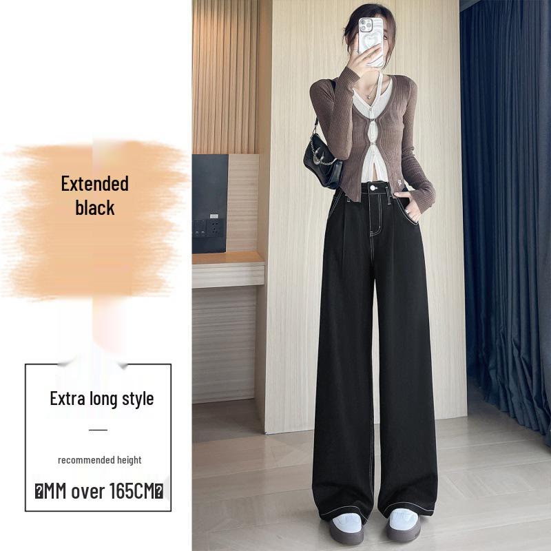 Women's High-Waisted Black Denim Wide-Leg Pants - Autumn Slim-Fit, Petite Loose, Floor-Length Casual Trousers.