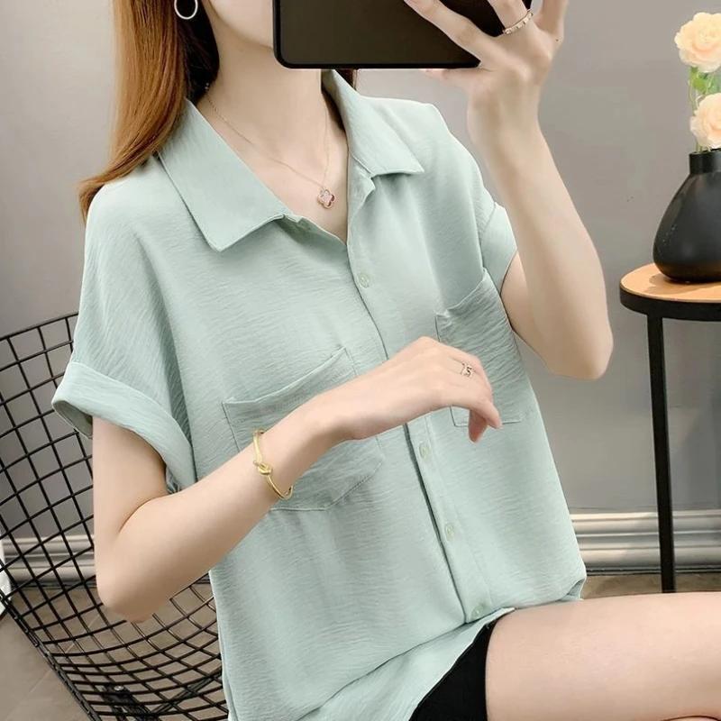 Womens White Lapel Loose Casual Shirt Soft Breathable Daily Wear