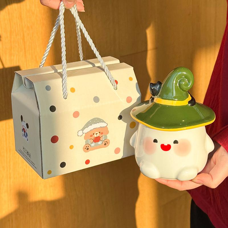 Halloween cute ghost cup girl ceramic mug with lid spoon office couple coffee cup souvenir