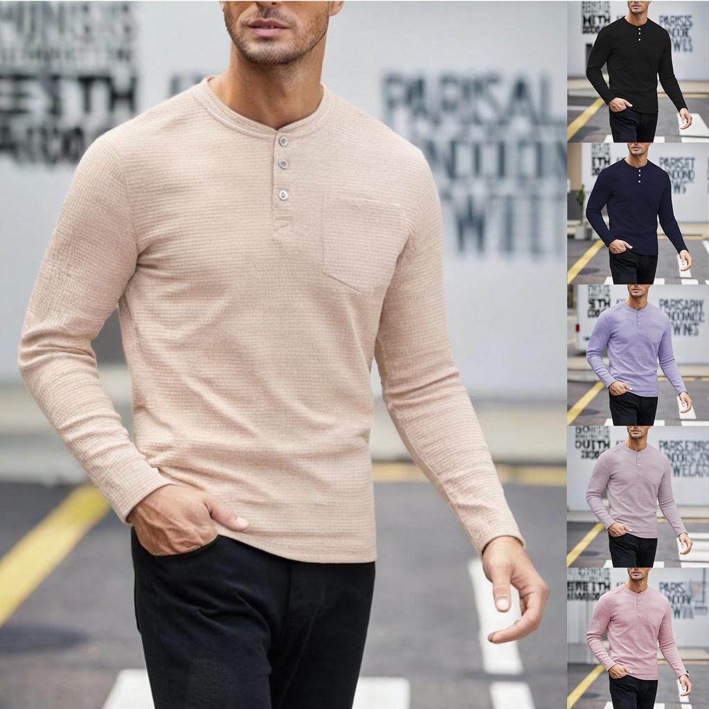 Men's Casual Sports Long-sleeved Shirt, Men's Round-neck Button-up Top