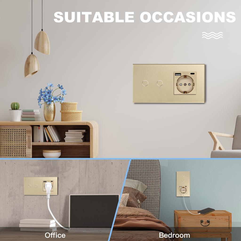 BSEED 1/2/3Gang Touch Light Switches 1/2/3Way Pass Through For Stairs Plus Wall Power Sockets USB Type-c Ports 2.1A EU Standard