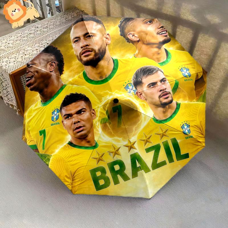 1 PC Automatic Folding Umbrella - Brazil National Football Team Pattern, Portable & Foldable Design with 8 Ribs, Christmas Birthday Gifts