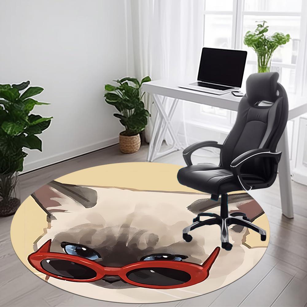 1PC Cat Sunglasses Office Round Area Rug, Mat Suitable ForOffice, Under Office Chairs Bedroom Living Room Home Decor, Room Deco