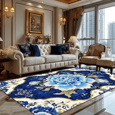 Deluxe European Style Carpet for Living Room Blue Home Decor Bedroom Tea Table Soft Rug Washable Short Plush Lounge Floor Mats