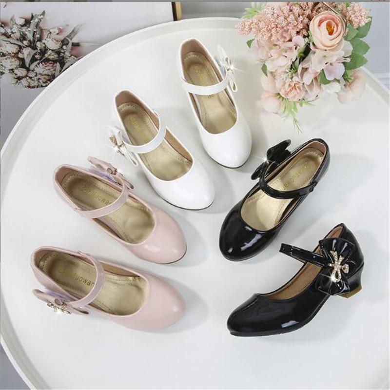2026 Spring New Girls Leather Shoes Children's Princess High Heels Black White Girls Wedding Party Dance Shoes 26-38