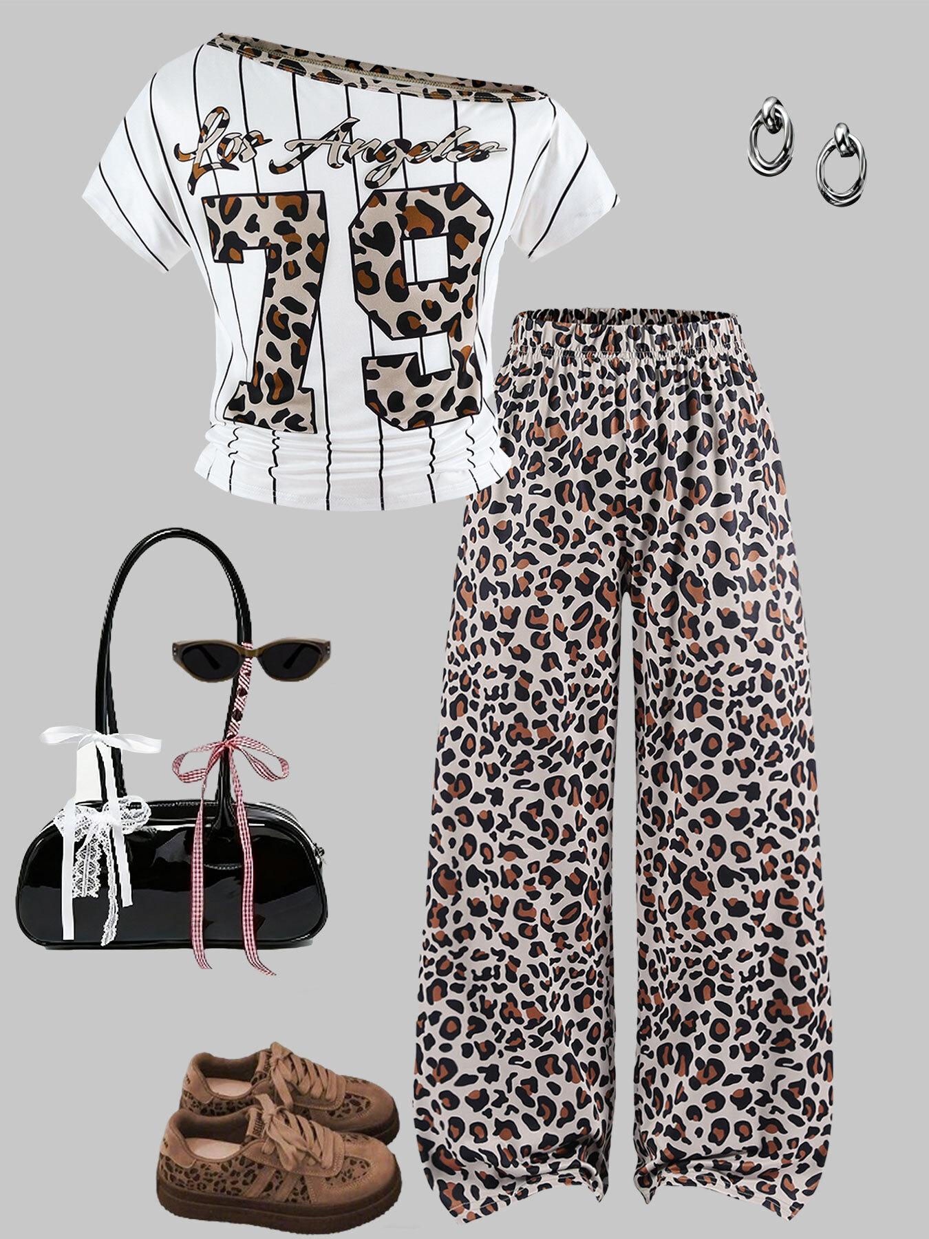 

Girls Two-Piece Set: Striped & Leopard-Print Off-Shoulder Short-Sleeve T-Shirt and Flowy, Trendy Wide-Leg Pants — Summer Style 12Y різнокольоровий
