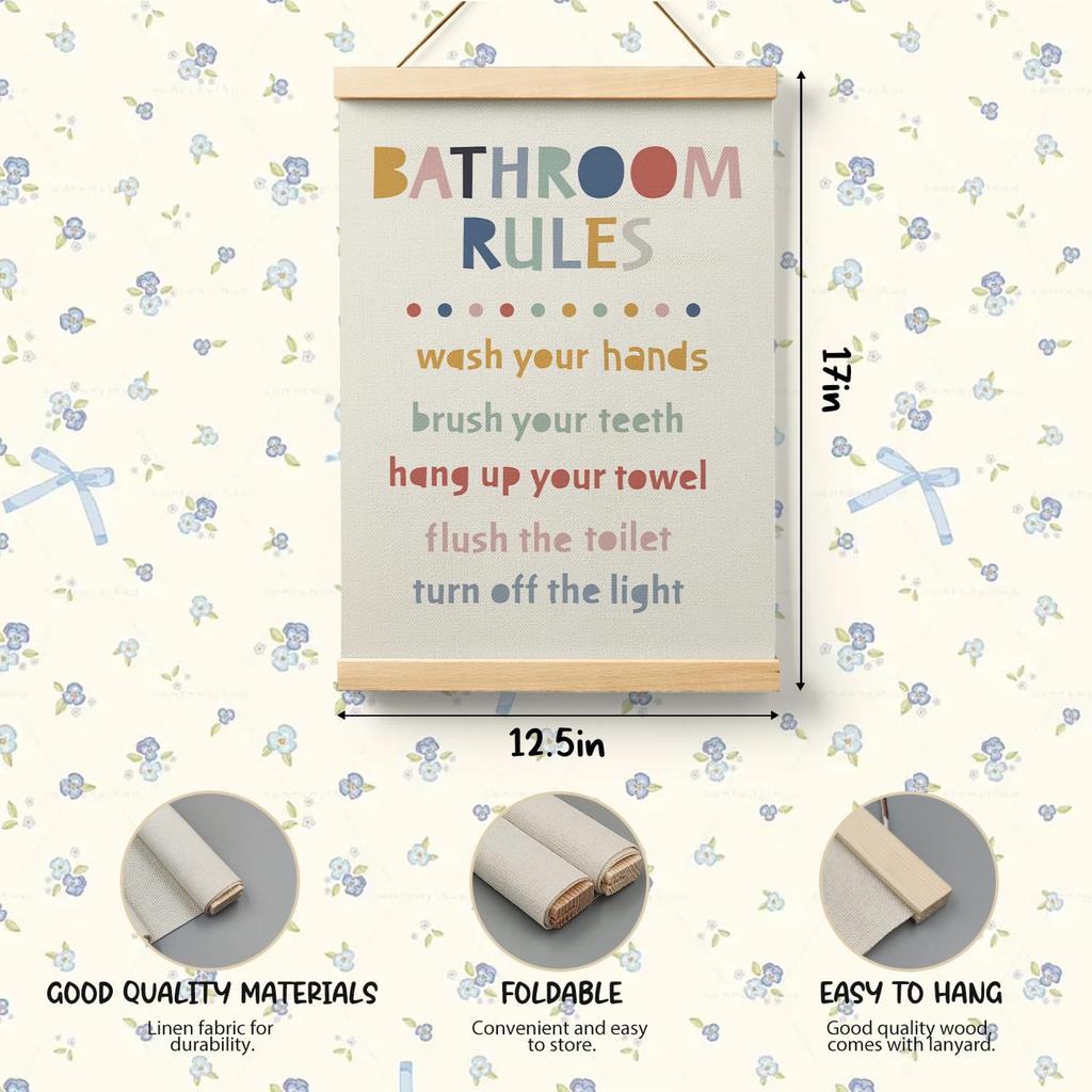 Ryeolo Kids Bathroom Wooden Poster Hanger Frame 12.5x17 Inch, Rules Wall Art Decor for Toddler Boy Girl, Colorful Decor
