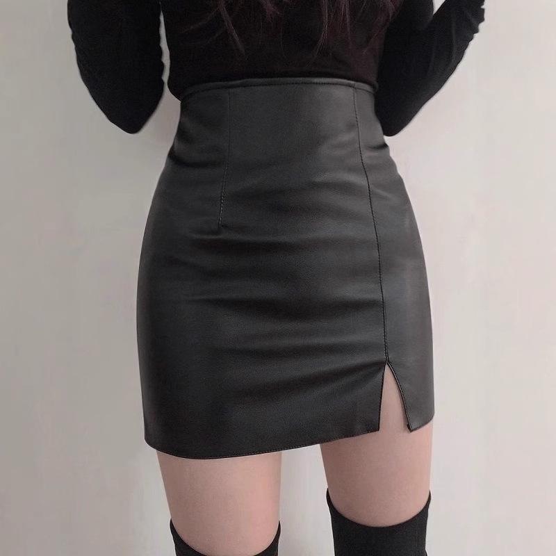 Women's Black High-Waist Bodycon Midi Skirt with Slit - Sexy Leather Pencil Skirt for Autumn/Winter