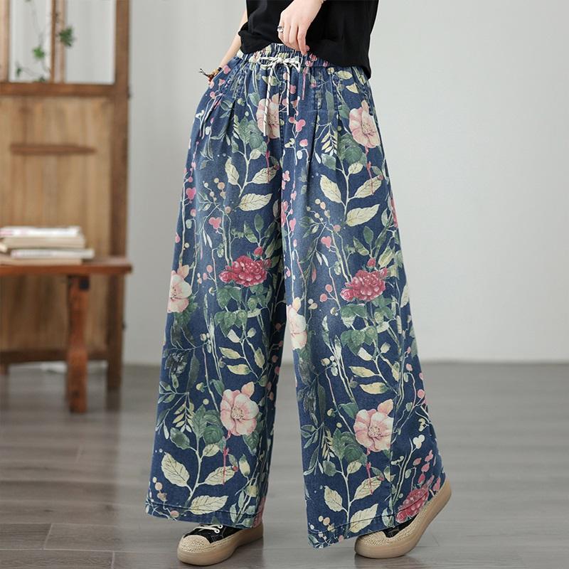 plus size Vintage floral high waist casual loose long Women Spring summer autumn jeans denim wide leg Pants