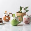 Hand-Painted Ceramic Coffee Cup Set Cartoon Panda Frog Cat Fox Pig Designs Couple's Matching Mugs with Teaspoons Kids Drinking