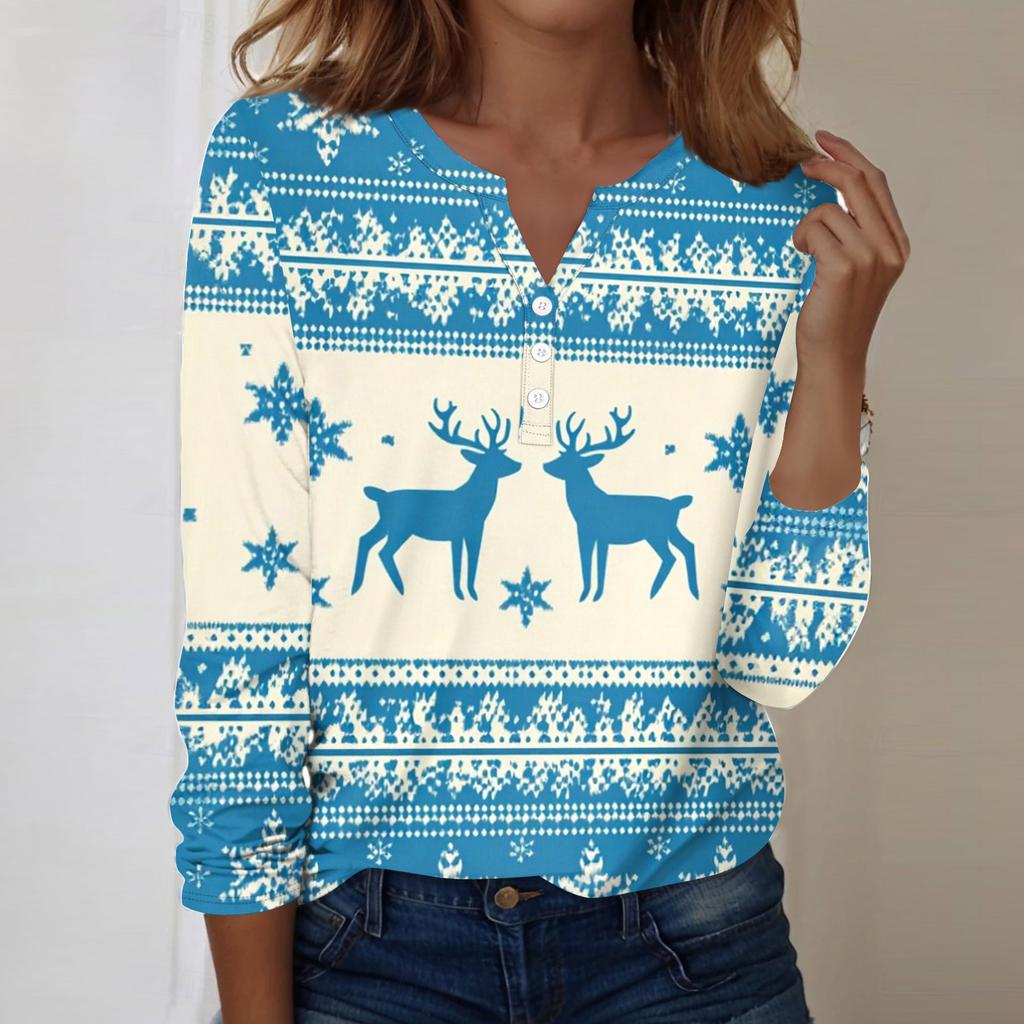 Women's Fashion Casual V-Neck Long Sleeve Decorative Button Christmas Print Top