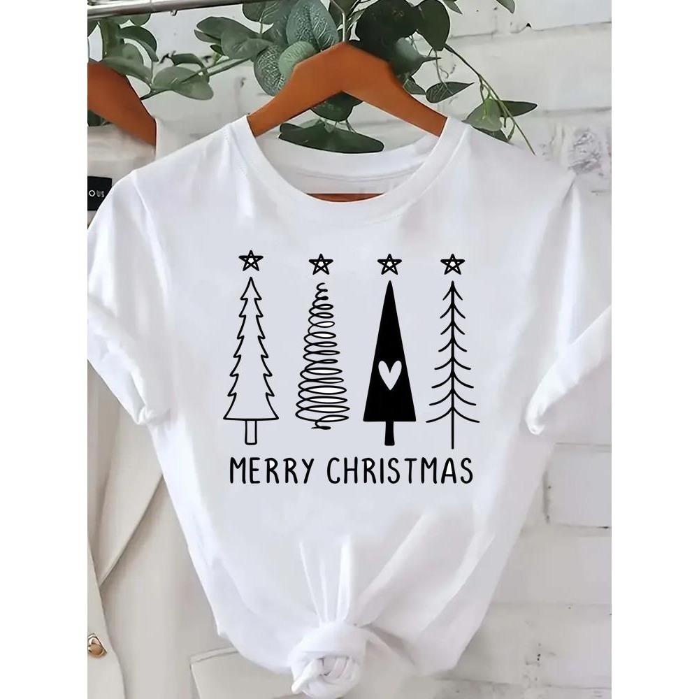Printed Fashion New Year Women's T-shirt Top Merry Christmas Clothing Coffee Love Cute Holiday Pattern Round Neck Short Sleeve