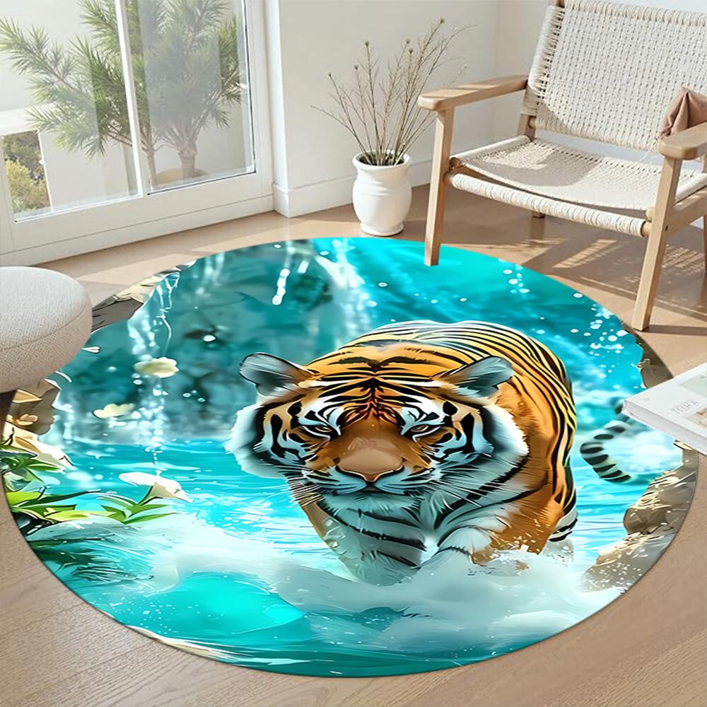 Tiger Round Office Rug Design for Dining Room Playrooms Kitchen Entryway Anti-slip Round Rug Decorate Offices Birthday Christmas Gift