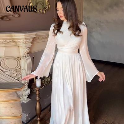Spring and Autumn Women's Dress Half High Neck Dresses Long Sleeve Tea Break French Waist Long Dresses