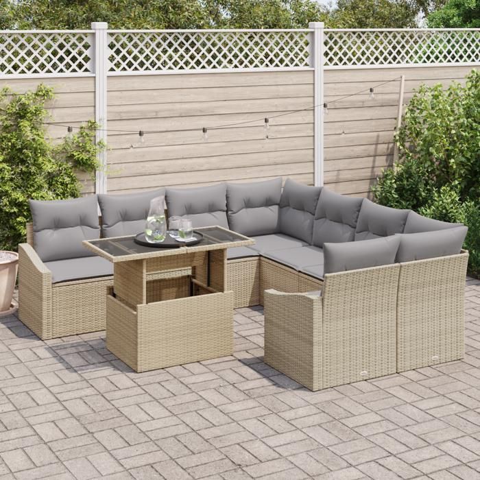 VidaXL Ensemble de Canapé de Jardin 9 Pièces avec Coussins Beige en Rattan Poly 3357713