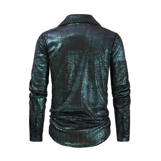 Klubová výkonnostní košile Klopový límec Jednořadý lesklý povrch Catch Attention Party Nightclub Dance Canival Košile Středně dlouhá Cardigan Shirt