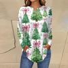 Women's Fashionable Loose-Fit Button-Down Collar Christmas Print Long-Sleeved Top