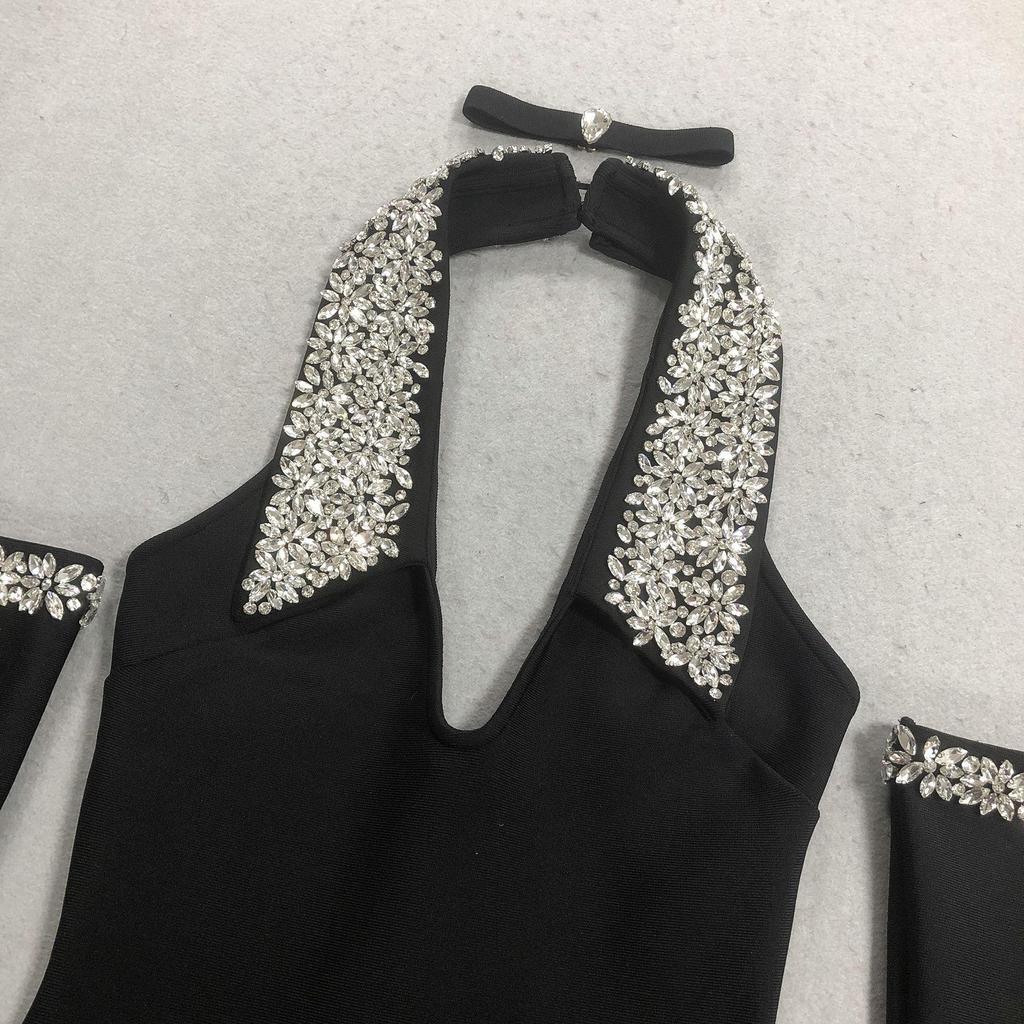 Halter Rhinestone Embellished Sexy Black Bandage Long Dress