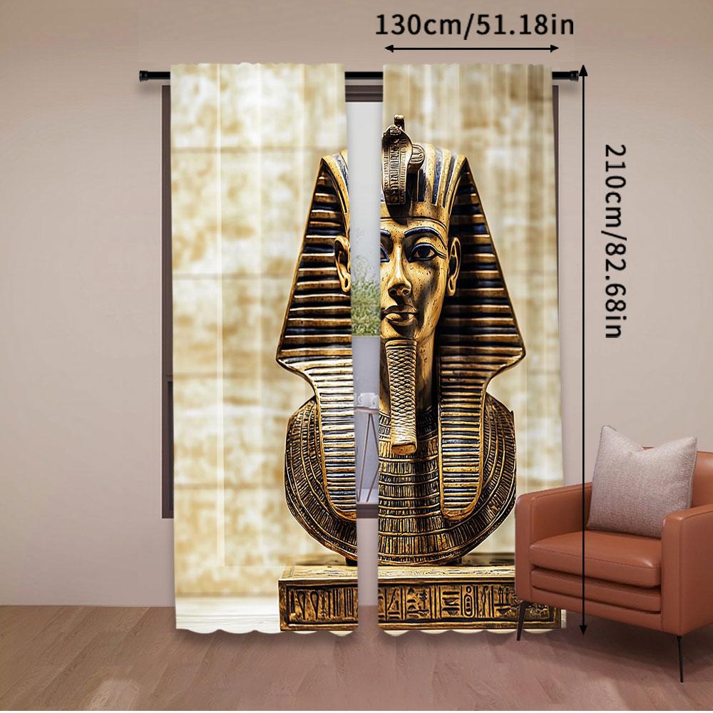 2Pcs Egyptian Curtains Stone Pharaoh Tutankhamen With Papyrus Background Design Suitable For Bedroom Bathroom Living Room Dining