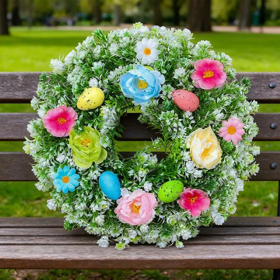 Easter Wreath for Front Door Artificial Spring Floral Wreath with Pastel Eggs for Home Indoor Outdoor